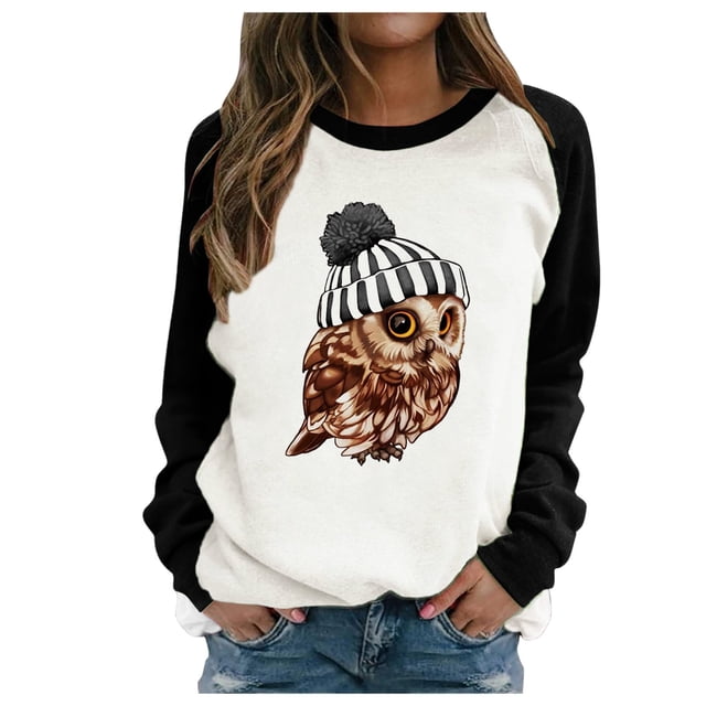 Black Sweater women Owl Print Stitching Contrast Color Top Sweater Long Sleeves
