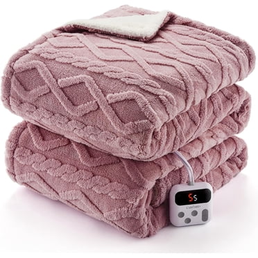 84x90 Heated Throw Blanket with Thick Tufted Cable Pattern,10 Heat Levels&10Timer Settings,Electric Throw with Intelligent Temperature Control,Machine Washable,Fast Heating，Pink