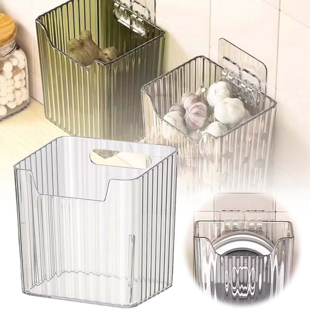 Food Storage Kitchen Organizer Transparent On Wall Shelf for Garlic Onion and Small Items Non Drilling Space Saving Wall Mounted Kitchen Storage Solution