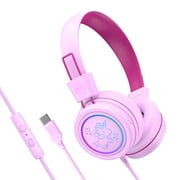 MEE audio KidJamz KJ55 Safe Listening USB-C Kids Headphones with LED Lights for Boys and Girls / Students / School / Library / Classroom (Pink)