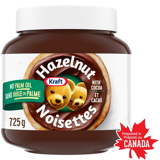 Kraft Tartinade aux Noisettes avec Pot avant Centré sur le Cacao avec Étiquette Kraft; Tartinade Crémeuse aux Noisettes et au Cacao Faite avec de Vrais Noisettes Rôties et du Lait Écrémé, Faite Sans Huile de Palme et Faible en Gras Saturés, Convient comme Tartinade pour le Déjeuner Ou pour la Cuisson.