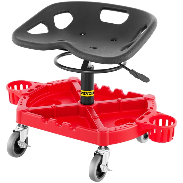 VEVOR Tabouret de Garage Roulant, Capacité de 300 Lb, Hauteur Réglable de 18 Po à 23 Po, Roues Pivotantes à 360 Degrés (4 Pouces), Grand Plateau à Outils avec Deux Porte-Bouteilles, pour Atelier, Atelier de Réparation Automobile, Rouge