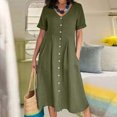 thumbnail image 1 of Robes d'Été 2023 Mode Femmes Été Décontracté Col en V Uni Manches Courtes Bouton Poche Robe en Coton et Lin Robes d'Été Décontractées pour Femmes en Liquidation, 1 of 9