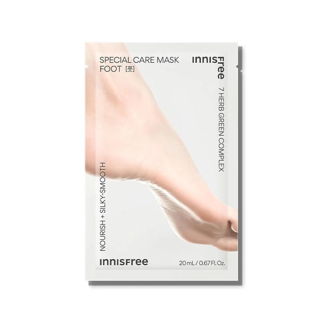 Innisfree Foot Care Hydrating Special Mask (1 pair) packaging showing a close-up side view of a bare foot on a white background, highlighting the sock-like foot mask formulated with natural herb extracts such as lonicera flower, peony, sophora root, and green tea to hydrate and nourish skin for silky-smooth foot care.