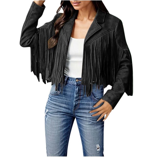 Kcodviy Femmes Veste à Franges en Faux Suède Femmes Décontractée à Fermeture Éclair Vestes en Cuir à Franges Moto Décontractée Vestes pour Femmes Manteaux Courts