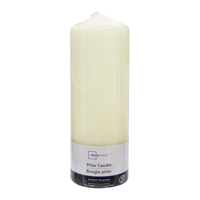 Mainstays Unscented 8" Ivory Pillar Candle with smooth ivory wax and cotton wick, labeled unscented with approximately 70 hours burn time, ideal for indoor Christmas decorations and ambient lighting in Canadian homes.