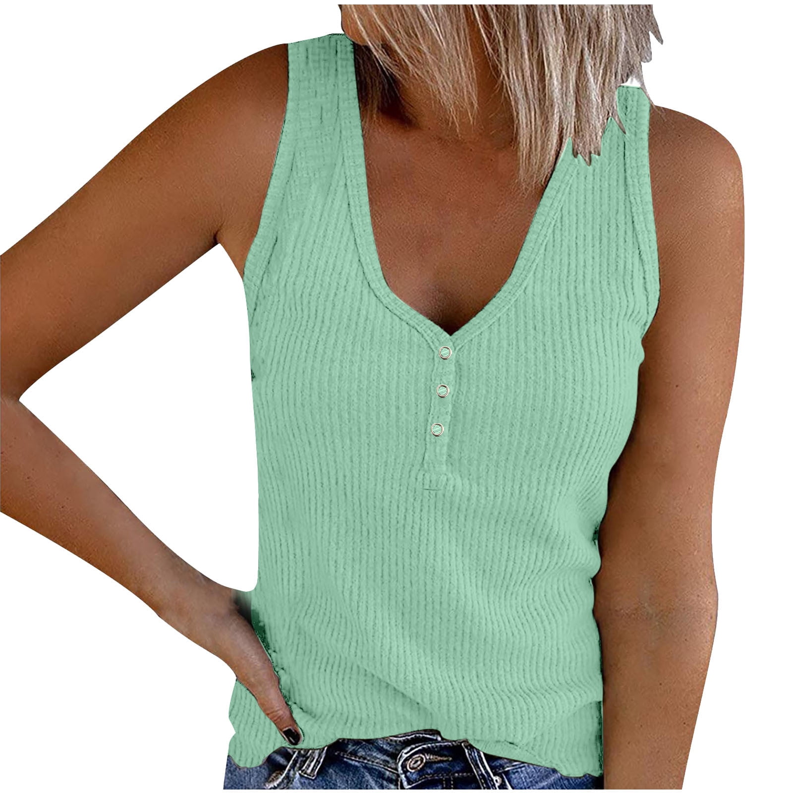 AherBiu Ribbed Tank Tops for Women 2024 Summer Knitted Slim Fitted Camis Stretchy Comfy Button V Neck Tops