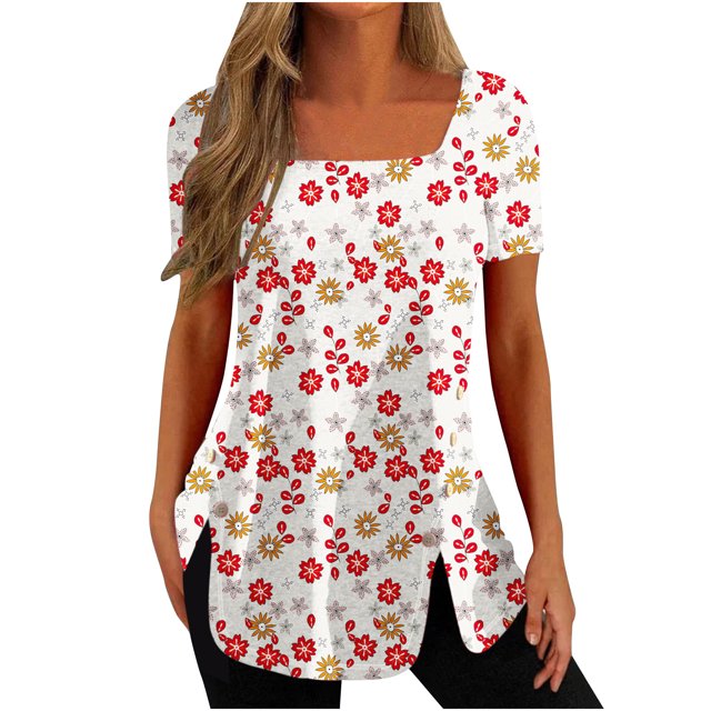 Pompotops Mode Femmes Décontracté Imprimé Col Carré Manches Courtes Boutons Hauts Blouses Amples