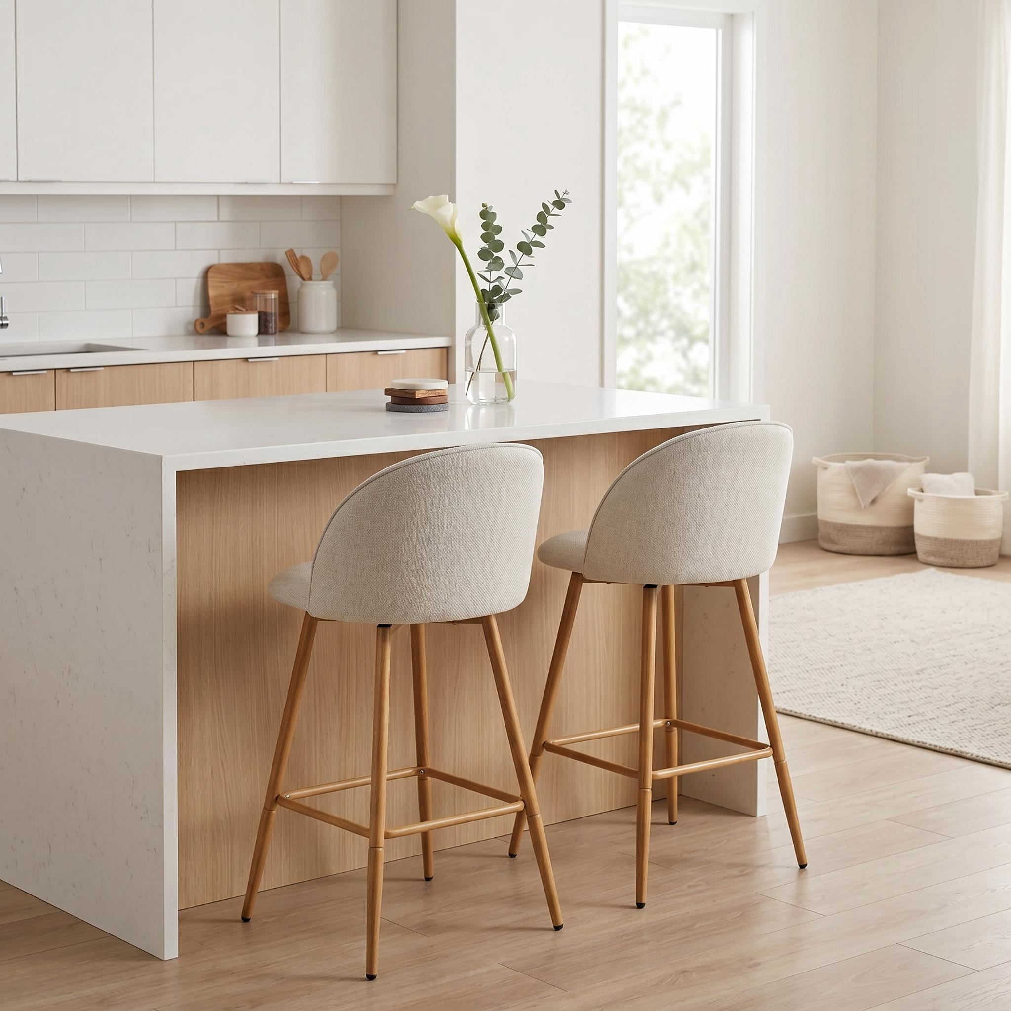 Homy Casa 2-Piece Upholstered Bar Stools, Swivel Counter-Height Chairs for Kitchen, Island & Bistro, Beige
