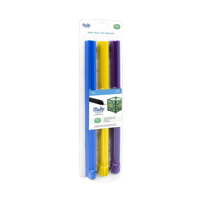 3Doodler Create+ PLA Plastic Refill Kit with 75 blue, yellow, and violet PLA strands in clear packaging, designed for 3D printers and crafting projects including fabric and wearable items.