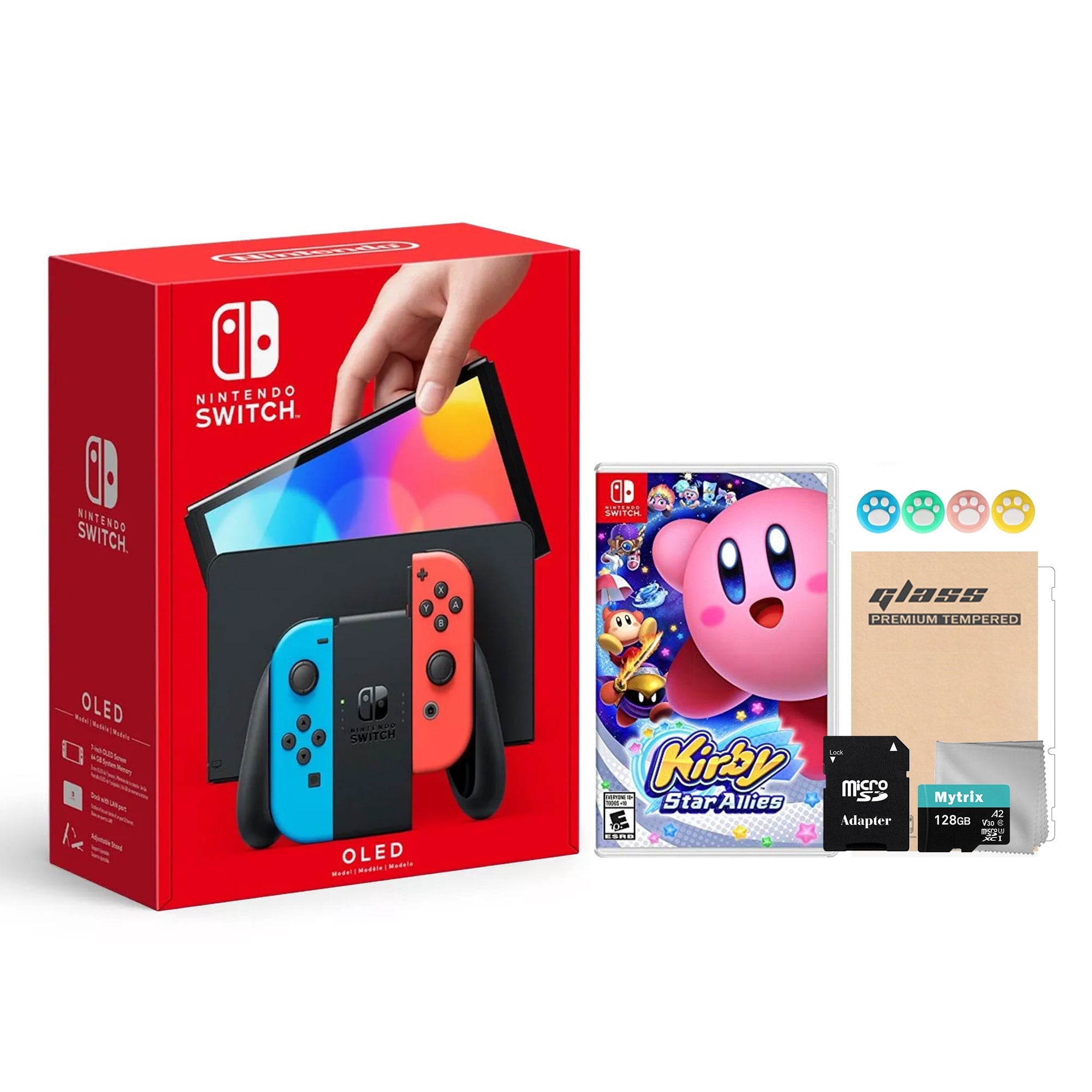 2021 New Nintendo Switch OLED Model Neon Red & Blue Joy Con 64GB Console HD Screen & LAN-Port Dock with Kirby Star Allies And Mytrix Accessories