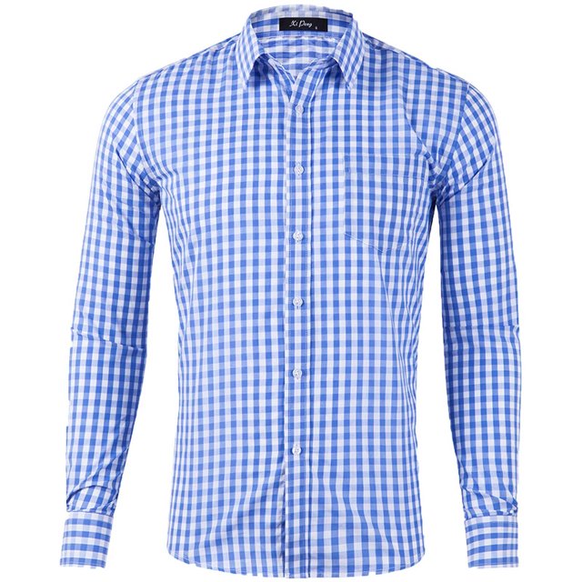 Pompotops Homme Automne Décontracté Coupe Ajustée Manches Longues Col Rabattu à Carreaux Haut Blouse Chemise en Solde
