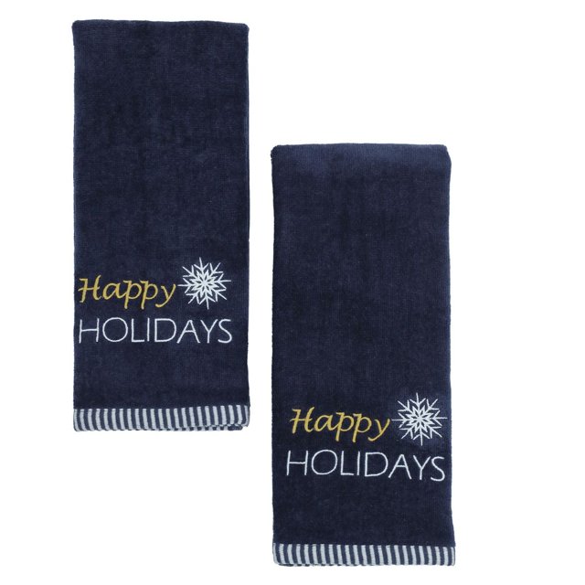 Holiday Time Hand Towels set of two navy blue cotton towels with embroidered 'Happy Holidays' text and white snowflake design, featuring striped hems, soft and absorbent, sized 16 by 26 inches, suitable for bathroom use or seasonal decoration.