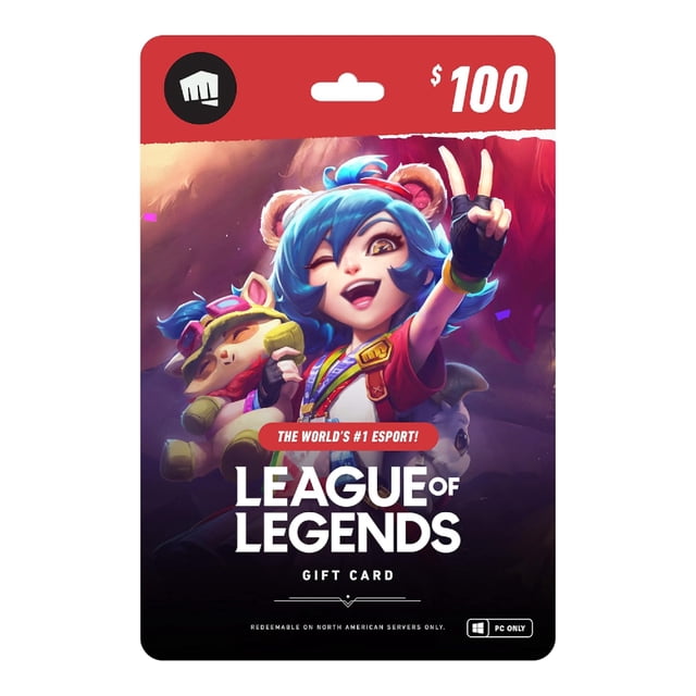 Riot League of Legends Carte-Cadeau Numérique de 100 $ Mettant en Vedette un Personnage vibrant aux Cheveux Bleus et aux Oreilles d'Ours Tenant une Peluche, avec le Slogan « l'Esport #1 au Monde! » et les Détails d'Échange pour les Serveurs PC Nord-Américains sur un Motif de Carte Rouge et Noire.