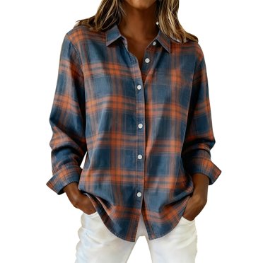 Breezora Women's Retro Plaid Print Shirt with Contrast Design for Autumn Winter Casual Wear and Vintage Style XL Size Blue