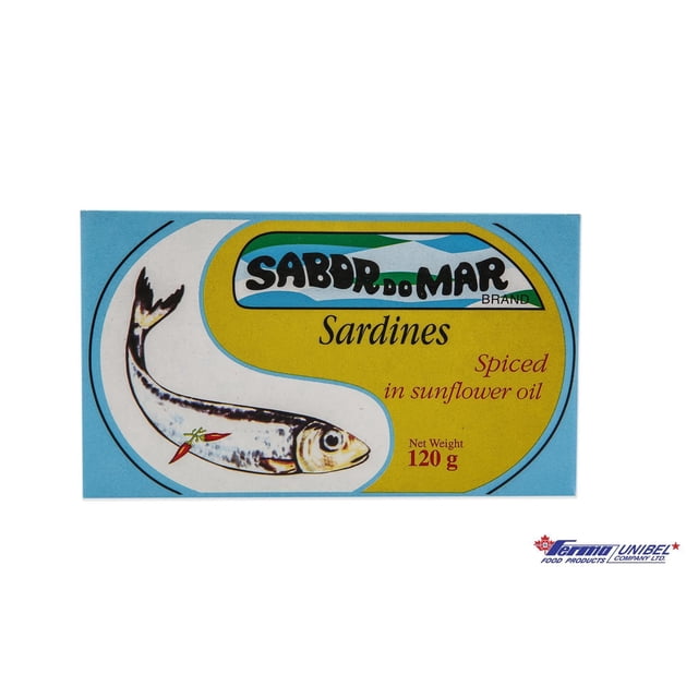 Sabor do mar sardines Épicées à l'Huile de Tournesol Étiquette de Boîte 120 g Présentant une illustration de sardine Stylisée sur Fond Bleu et Jaune avec le Nom de Marque en Lettres Noires Audacieuses et des Détails de Produit en Texte Rouge et Noir, Idéal pour Conserver du Poisson en Conserve Prêt à Manger.