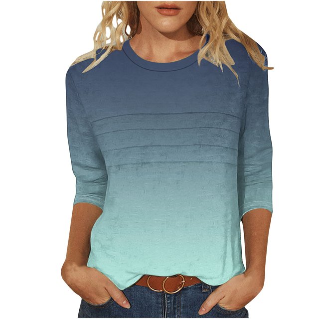 Olyvenn T-Shirts pour Femmes à Manches 3/4 Été 2025, Imprimé Dégradé, Col Rond, Décontracté, Basique, Coupe Tunique, Blouse, Vert Armée, TG