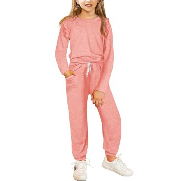 Jusqu'à 65 % de Réduction sur les Tenues tumgatte pour Fille, Sweat à Capuche à Manches Longues à Volants et Pantalon à Taille Élastique avec Cordon de Serrage et Poches, Ensembles de Pyjamas d'Automne, Vêtements Preppy pour Enfants 4-12T