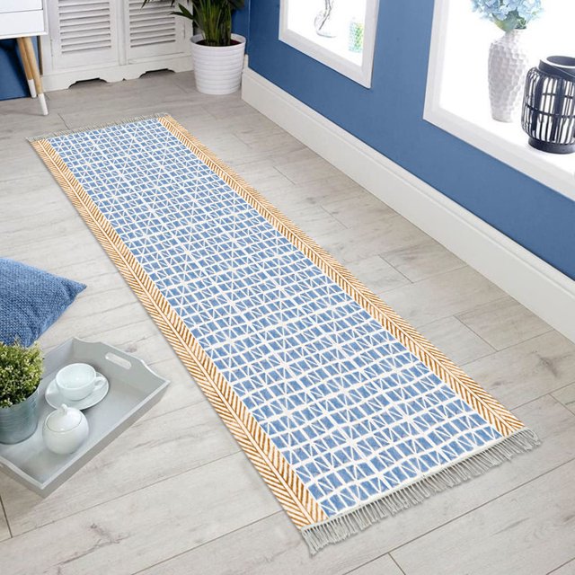 Casavani Handblock Printed Cotton Hallway Stair Runner Rug Home Decor Kilim Rug, Blue 4x12 feet