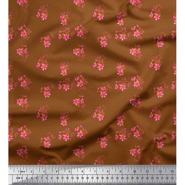 Soimoi Brown Velvet Fabric Leaves & Periwinkle Floral Decor Fabric Printed Yard 58 Inch Wide