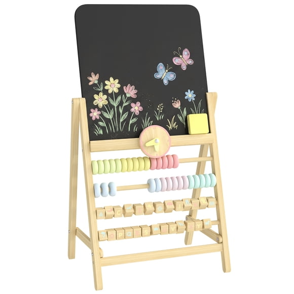 Qaba Wooden Kids Art Easel with Double-Sided Chalkboard, Clock and Abacus