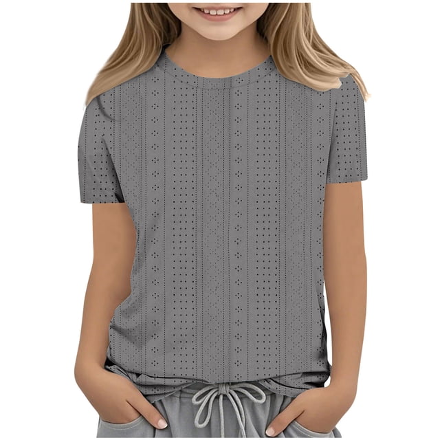 Plebaso Chemises à Illets pour Filles, Manches Courtes, Col Rond, Blouse Ajourée, Hauts d'Été Décontractés pour Enfants 3-12 Ans