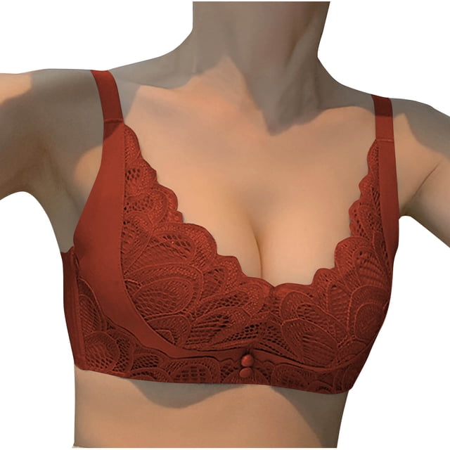 HVOBTTY Soutien-Gorge Rehausseur Sans Fil pour Femmes, Soutien-Gorge Quotidien pour Femmes Mode Couleur Unie Transparent Dentelle Sans Armatures Bonnets Fixes Effet Rassemblement Rouge, 32