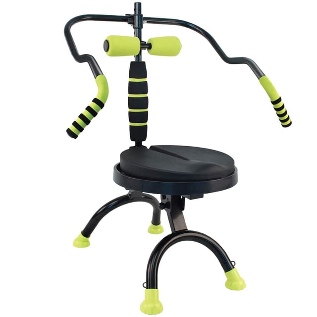 AB Doer 360 Fitness System featuring a compact, foldable design with a 360° dynamic fluidity seat for seated core workouts. The machine includes dual foam rollers for spinal massage, ergonomic contouring arms for proper alignment, and a sturdy frame with lime green accents. Ideal for full-body workouts targeting abs, arms, legs, and back, supporting up to 300 lbs. Includes instructional DVDs, resistance bands, and a healthy eating guide.