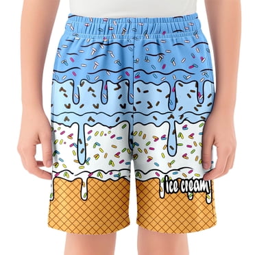 Ice Cream Boy Baseball Shorts Waffle Or Cone Quick Dry Preppy Shorts,Kids Ice Cream Drip Track Short Pants 2-14 Y