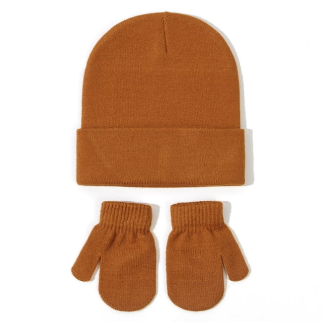 FAOWME Baby Knitted Hat And Glove Set Versatile Solid Color Fall Children Wool Pullover Hat Orange M