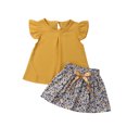 thumbnail image 1 of Diconna Baby Girl Summer Yellow Ruffle Chiffon Top + Floral Skirt Set, 1 of 7