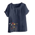 thumbnail image 4 of Pisexur Hauts d'Été pour Femmes, Hauts pour Dames, Hauts pour Femmes Décontractés en Lin à Col Rond, Grande Taille, T-shirt Blouse à Manches Courtes Imprimé avec Boutons, Blouses pour Femmes Bleu Marine, 3TG, 4 of 5
