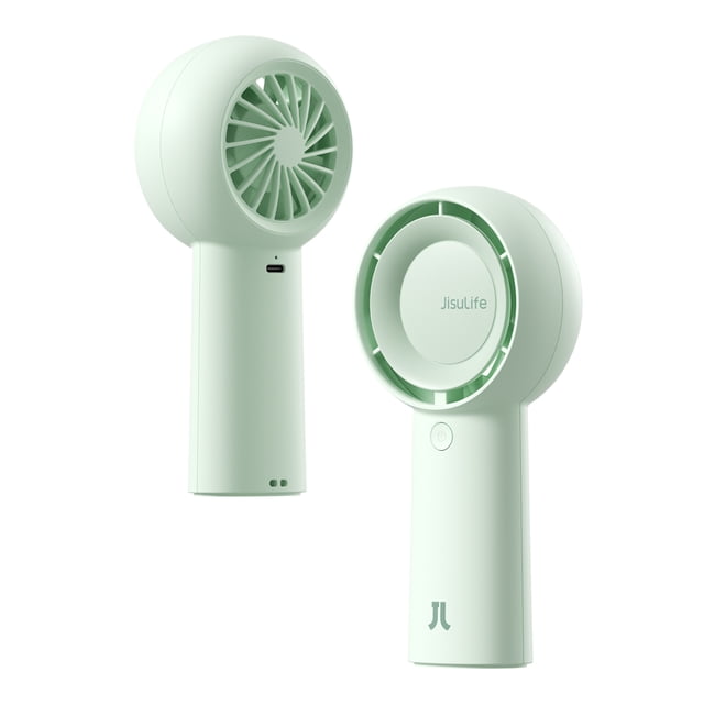 JISULIFE Turbo Fan-Sized Portable Fan with 16-hour runtime and 4000mAh USB rechargeable battery. Features a compact, handheld design in a light green color with a front and rear view. Equipped with 5 wind modes, advanced turbo technology for powerful airflow, and a lanyard for versatile use. Suitable for travel, outdoor activities, or desk use.
