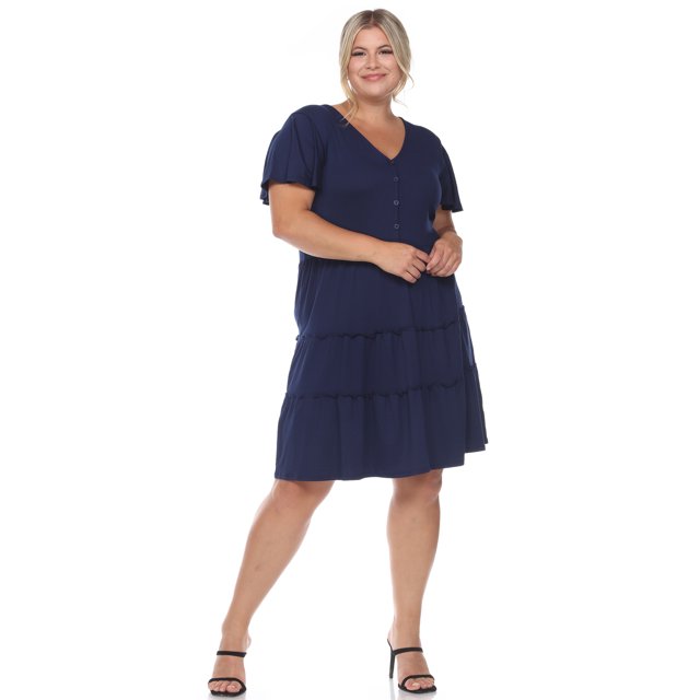 White Mark Robe à Volants à Manches Courtes et Col en V pour Femme Grande Taille