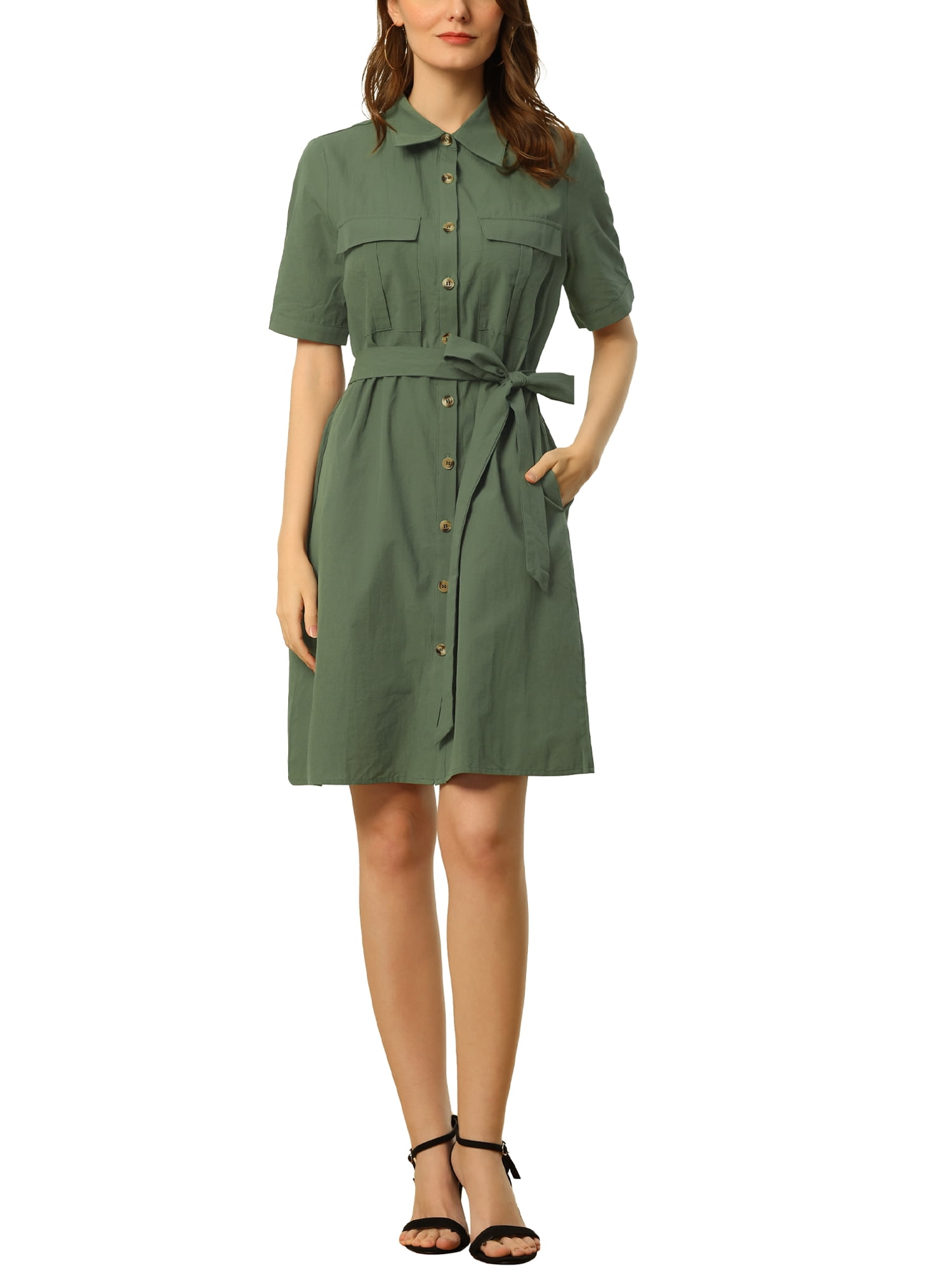 INSPIRE CHIC Robe-Chemise Boutonnée pour Femme à Col, Manches Courtes, Style Safari, avec Poches et Ceinture