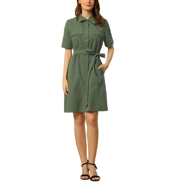 INSPIRE CHIC Robe Safari pour Femme Été à Col Boutonnée en Coton avec Ceinture Chemise-Robe TP Vert Armée