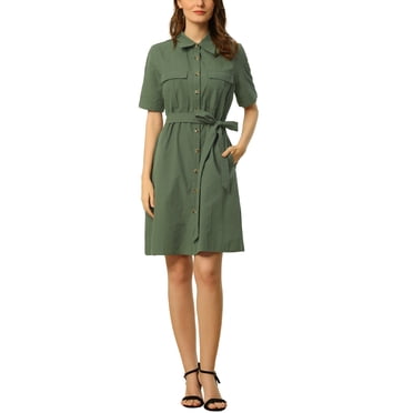 INSPIRE CHIC Women's Collared Short Sleeve Safari Pocket Belt Button up Shirt Dress