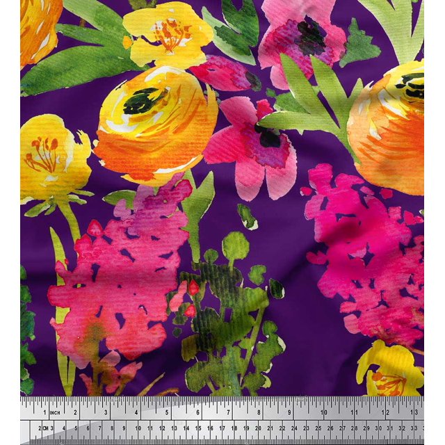 Soimoi Purple Rayon Fabric Leaves & Floral Printed Fabric 1 Yard 56 Inch Wide