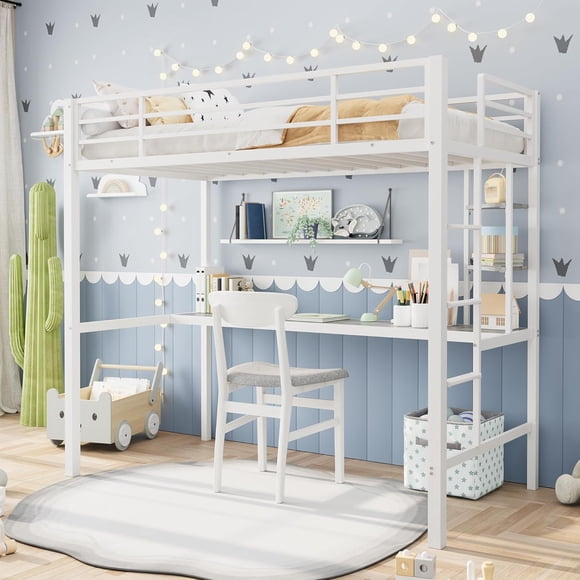 Loft Bed Twin Size with Large Desk and 2-Tier Storage Shelves, Heavy Duty Metal Loft Bed with Ladder and Guardrail for Kids and Adults, Steel Slats Support, Space Saving, White and Gray