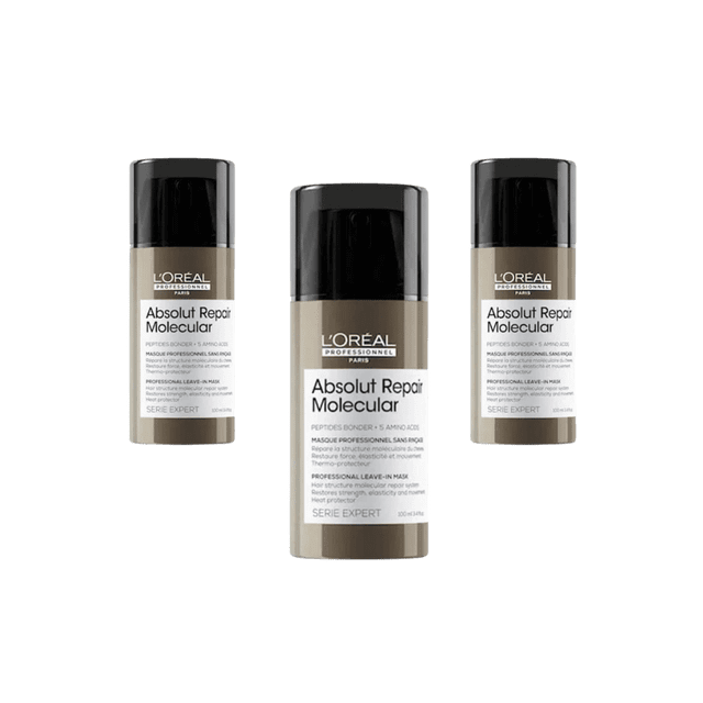 Loreal Professionnel Paris Serie Expert Absolut Molecular Repair Molecular Mask 100 ml 3 Pack. The image displays three bottles of the professional leave-in hair mask, enriched with peptide binder and 5 amino acids to repair hair's macromolecular structure. Offers heat protection up to 230 degrees while improving hair strength, elasticity, and movement. Each bottle has a beige and black design with clear branding and product details.