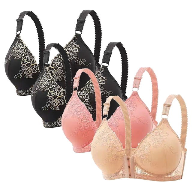 DecSea 4PC Women's Large Lace Breathable Front Opening Bra Wrapped Up Cup Side Fold Breast Lift Bra