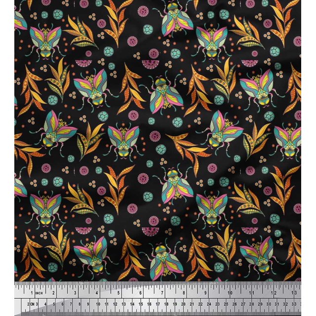 Soimoi Georgette Viscose Fabric Leaves,Floral & Housefly Insects Decor Fabric Printed Yard 42 Inch Wide