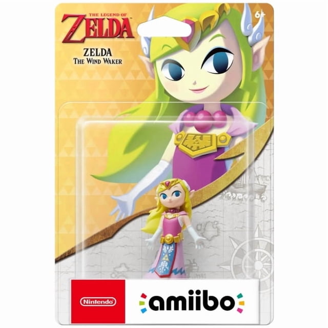 AMIIBO ZELDA TLOZ collectible figure of Princess Zelda from The Legend of Zelda: The Wind Waker, dressed in a pink gown with blue and gold accents, packaged with Nintendo branding and game-themed artwork, suitable for unlocking bonuses in compatible Amiibo games.