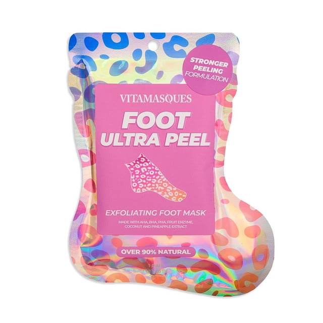 Vitamasques Masque pour les Pieds Ultra Pelable Exfoliant dans une Pochette Holographique en Forme de Pied avec Imprimé Léopard Rose et orange, Infusé d'Extraits de Noix de Coco et d'Ananas pour des Soins Naturels des Pieds et un Soin Pelable Qui Élimine les Peaux Mortes et Adoucit les Pieds.