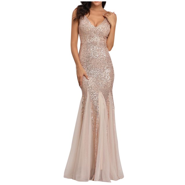 Pompotops Robe Sirène Ajustée à Paillettes pour Femme Robe de Soirée Robe