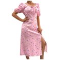 thumbnail image 2 of Jusqu'à 65 % de Rabais! Robes d'Été Mode pour Femmes 2024 Grande Taille Décontractées Aguichant à Encolure Carrée à Manches Bouffantes Robe Fendue à Fleurs pour Style Vacances Robe à Manches Courtes à Encolure en V, 2 of 4