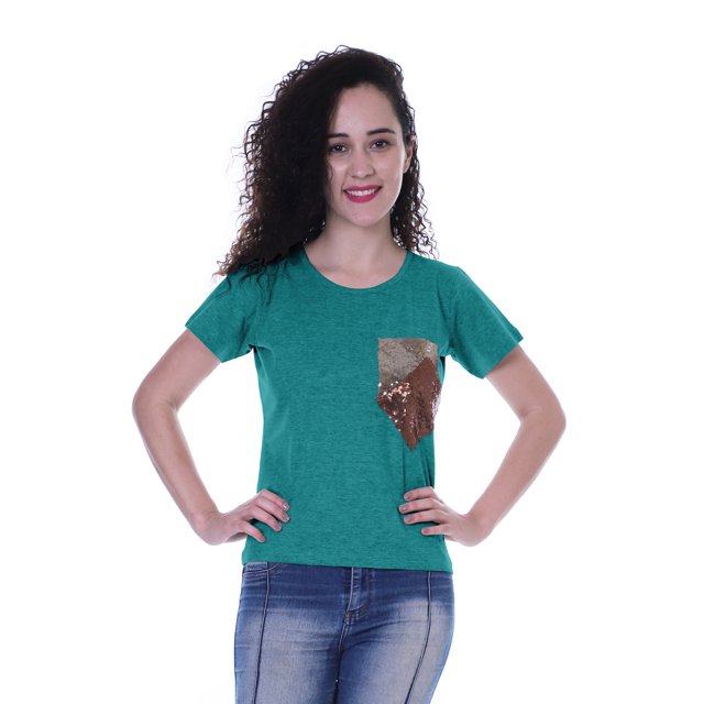 Moomaya T-shirt à Col Rond pour Femmes à Manches Courtes avec Poche Appliquée à Paillettes - 2D