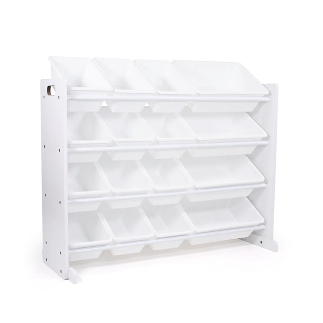 Humble Crew Tot Tutors SuperSized Toy Storage Organizer with 16 white plastic storage bins on a white engineered wood frame with steel rods, featuring four tiers for easy toy and book organization in playrooms or nurseries, suitable for teaching sorting skills.