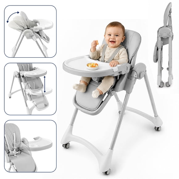 Blessy Dream Adjustable Grey Baby High Chair, Foldable Feeding Chair with Removable Double Tray, 6 Height Levels & 3 Backrest Positions