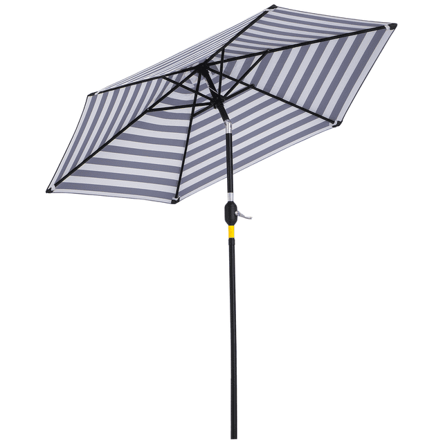 Outsunny patios Parasol de Patio, Parasol d'Extérieur avec 6 Baleines, avec Rayures Bleues et Blanches et un Poteau en Acier Robuste. Ce Parasol de Marché Centré Comprend un angle Réglable à Bouton-Poussoir, une Manivelle pour une Ouverture Facile et un Dessus Ventilé pour la Stabilité dans des conditions Ventées. Parfait pour, Jardins Ou Terrasses, Offrant un Grand Ombrage avec une structure Détachable pour un Rangement Pratique. Base Non Incluse.